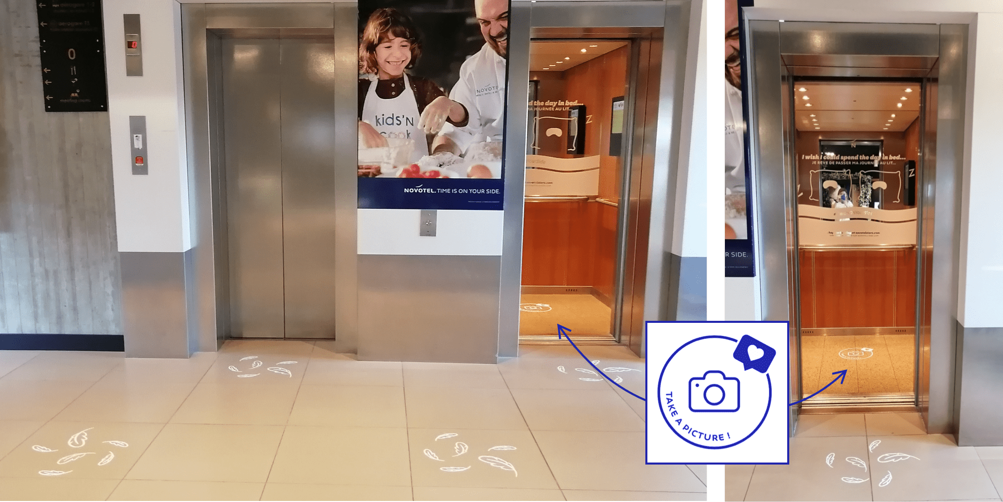 Novotel de l'aéroport de Charles-de-Gaulle : Parcours Client Signalétique et Marquage au sol et dans les ascenseurs par Candice Herbreteau